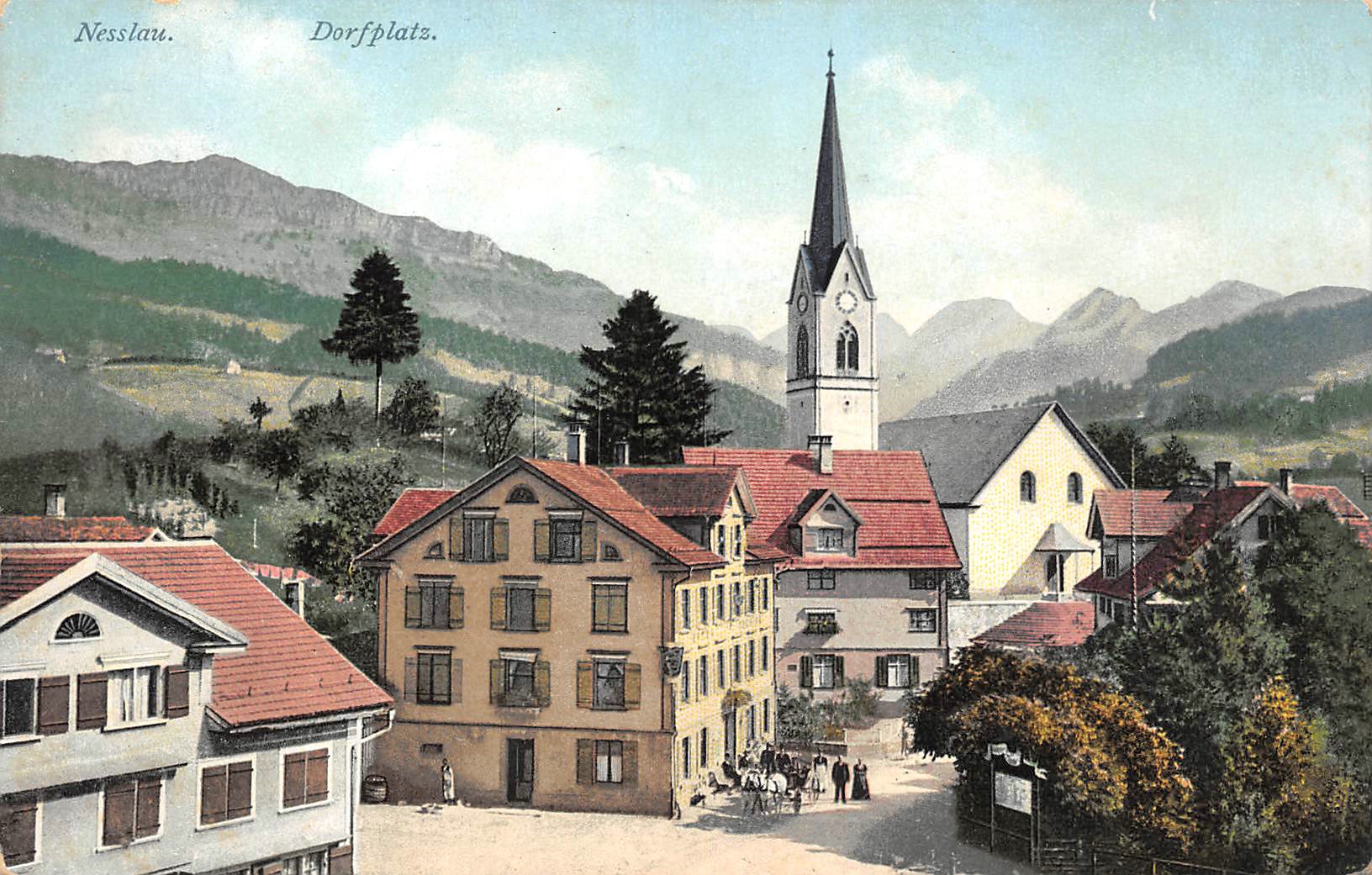 Dorfplatz Nesslau 1913 © Postkarte Verkehrsverein Nesslau